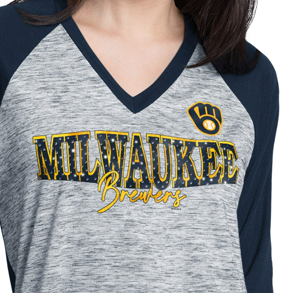Milwaukee Brewers G-III 4Her by Carl Banks Women's Speed Training 3/4-Sleeve Rhinestone V-Neck T-Shirt - Navy/Heather Navy T-shirts