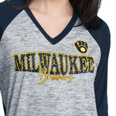 Milwaukee Brewers G-III 4Her by Carl Banks Women's Speed Training 3/4-Sleeve Rhinestone V-Neck T-Shirt - Navy/Heather Navy T-shirts