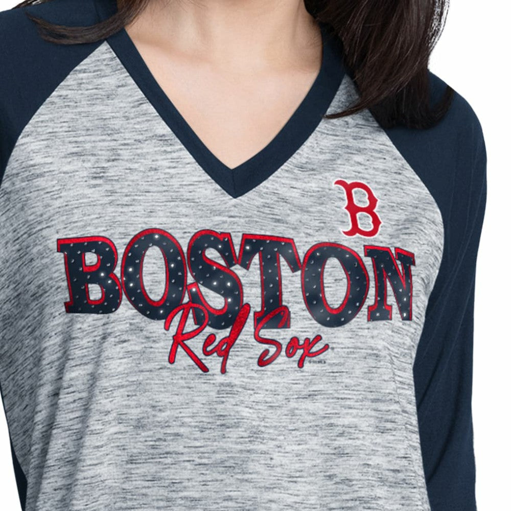 Boston Red Sox G-III 4Her by Carl Banks Women's Speed Training 3/4-Sleeve Rhinestone V-Neck T-Shirt - Navy/Heather Navy T-shirts