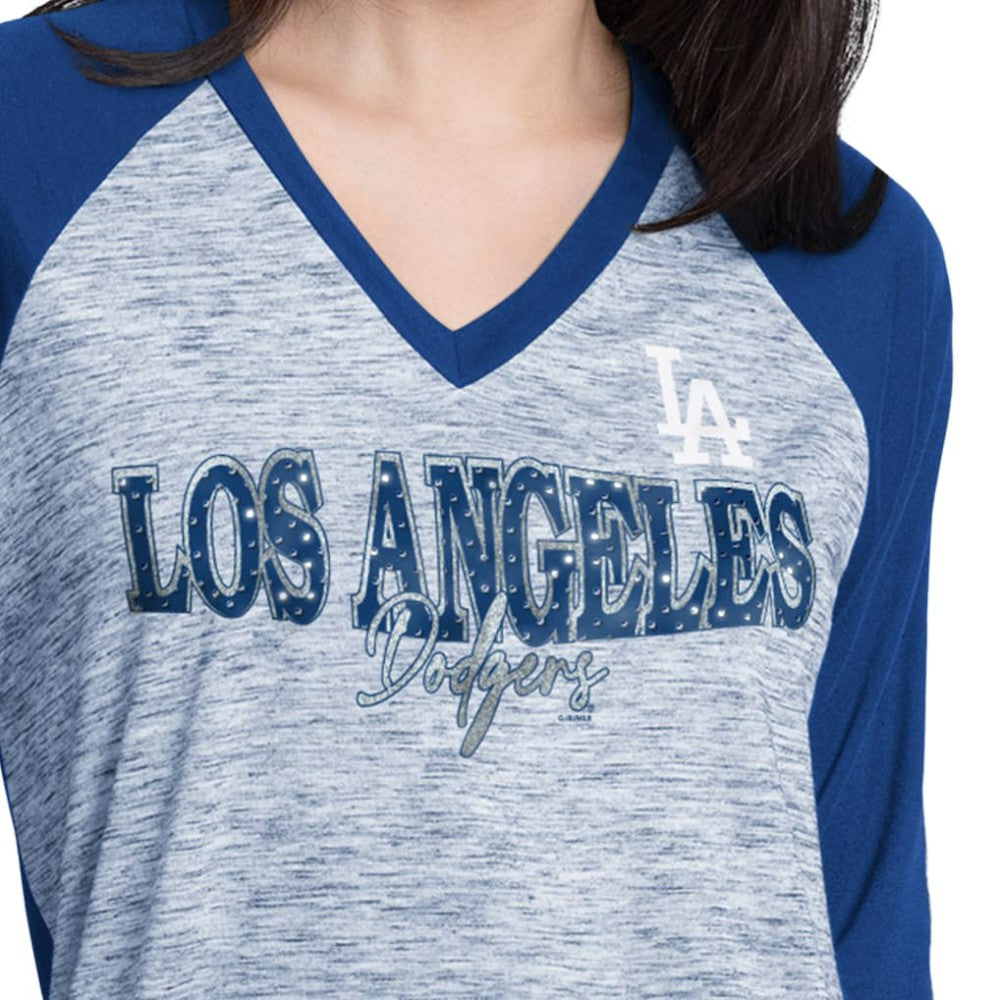 Los Angeles Dodgers G-III 4Her by Carl Banks Women's Speed Training 3/4-Sleeve Rhinestone V-Neck T-Shirt - Royal/Heather Royal T-shirts