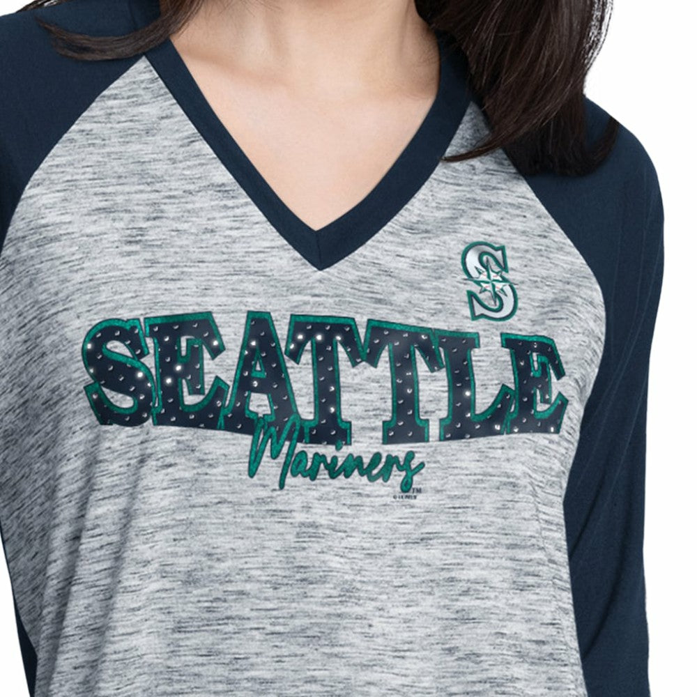 Seattle Mariners G-III 4Her by Carl Banks Women's Speed Training 3/4-Sleeve Rhinestone V-Neck T-Shirt - Navy/Heather Navy T-shirts