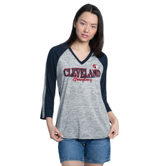 Cleveland Guardians G-III 4Her by Carl Banks Women's Speed Training 3/4-Sleeve Rhinestone V-Neck T-Shirt - Navy/Heather Navy T-shirts