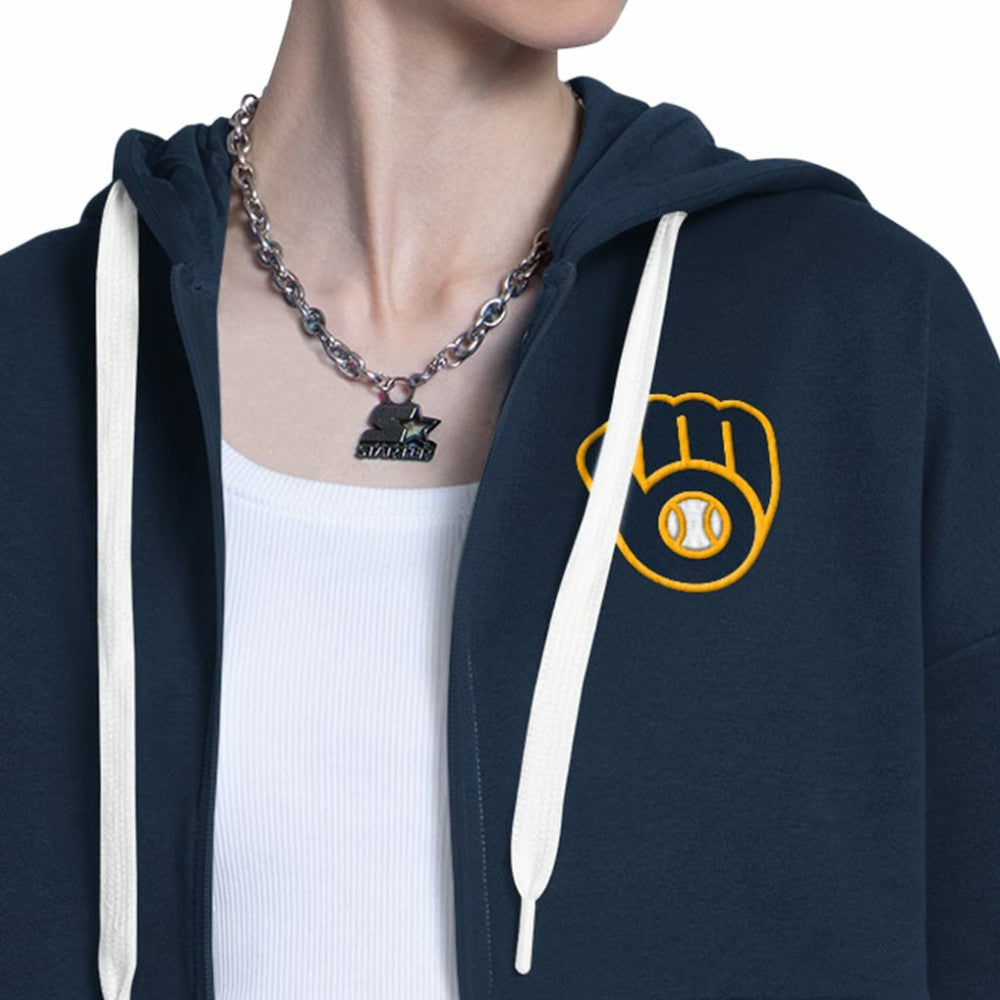 Milwaukee Brewers Starter Women's Wishbone Full-Zip Hoodie - Navy/Heather Gray Hoodies