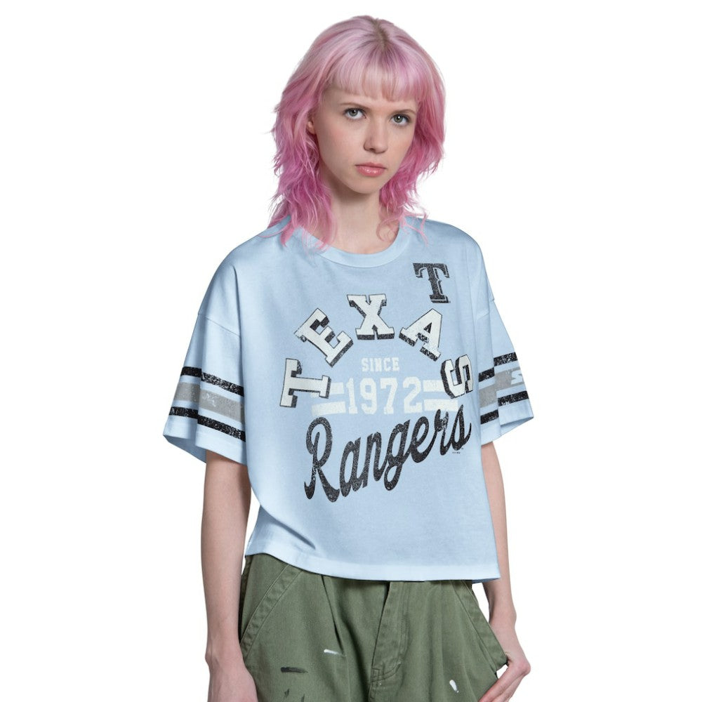 Texas Rangers Starter Women's Cropped Hurry Up Offense T-Shirt - Light Blue T-shirts