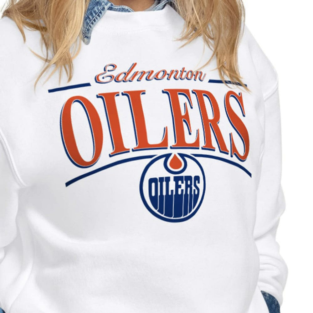 Edmonton Oilers Starter Women's Arch Stripe Fleece Sweatshirt - White | US 203468869