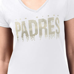 San Diego Padres G-III 4Her by Carl Banks Women's Metallic Drop Lightweight V-Neck T-Shirt - White T-shirts