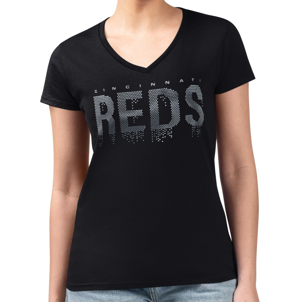 Cincinnati Reds G-III 4Her by Carl Banks Women's Metallic Drop Lightweight V-Neck T-Shirt - Black T-shirts
