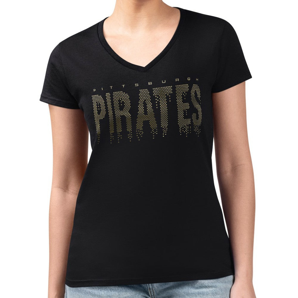 Pittsburgh Pirates G-III 4Her by Carl Banks Women's Metallic Drop Lightweight V-Neck T-Shirt - Black T-shirts