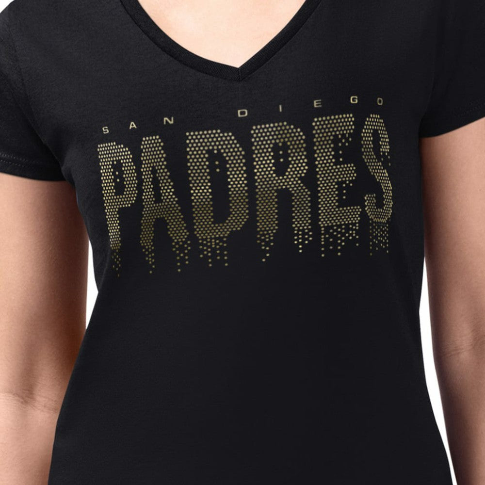 San Diego Padres G-III 4Her by Carl Banks Women's Metallic Drop Lightweight V-Neck T-Shirt - Black T-shirts