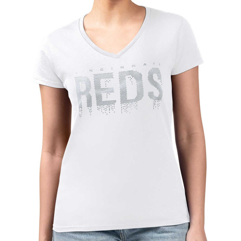 Cincinnati Reds G-III 4Her by Carl Banks Women's Metallic Drop Lightweight V-Neck T-Shirt - White T-shirts