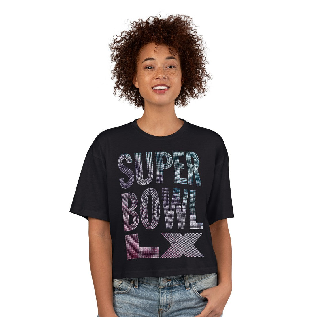 Super Bowl LX G-III 4Her by Carl Banks Women's Play Ball Oversized Rhinestone Cropped T-Shirt - Black T-shirts