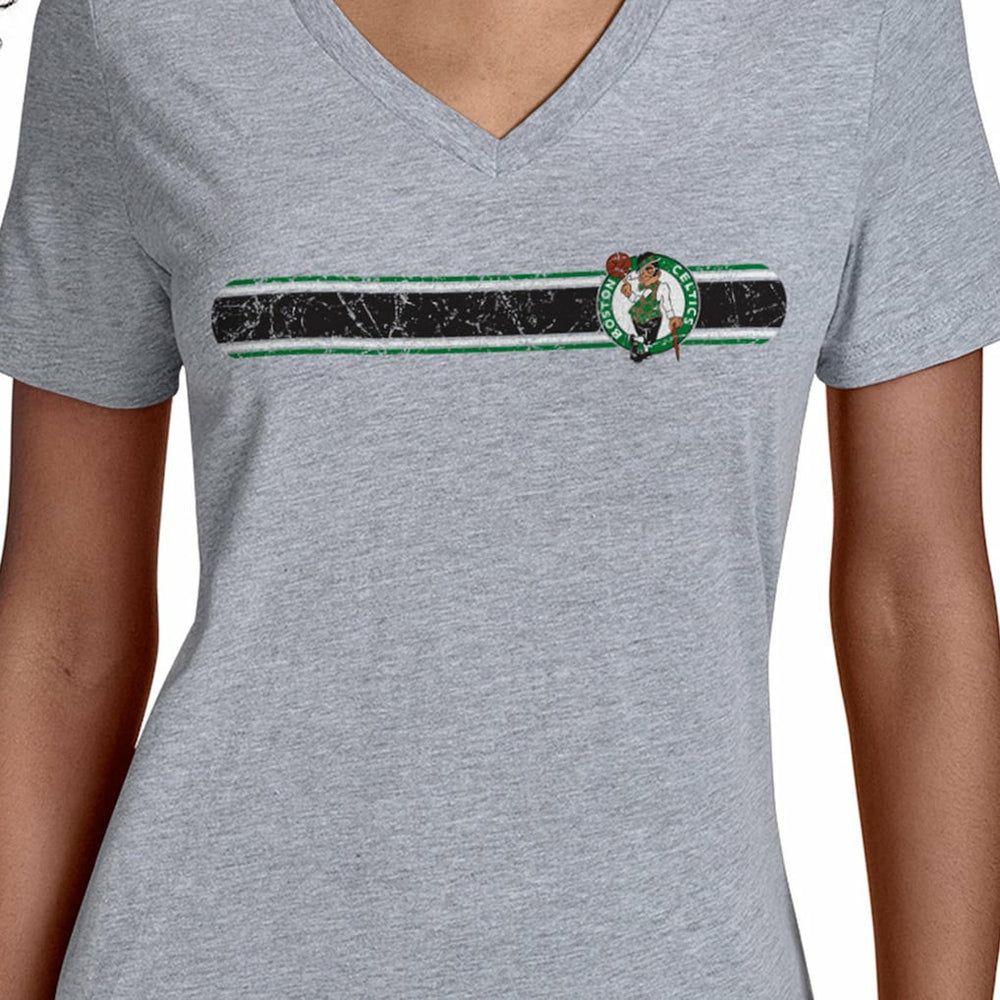 Boston Celtics Starter Women's Team Stripe V-Neck T-Shirt Gray
