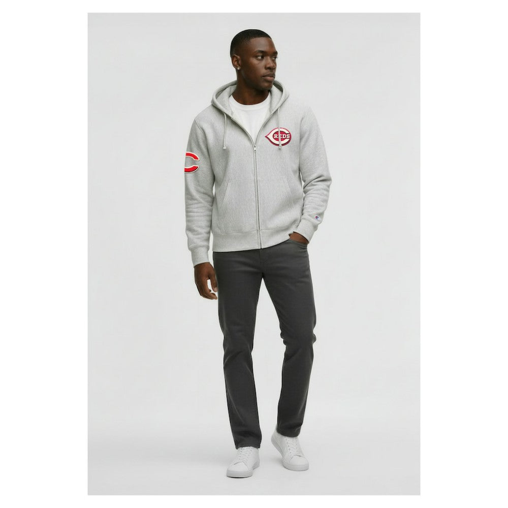 Cincinnati Reds Champion Reverse Weave Chenille Full-Zip Hoodie - Gray Hoodies