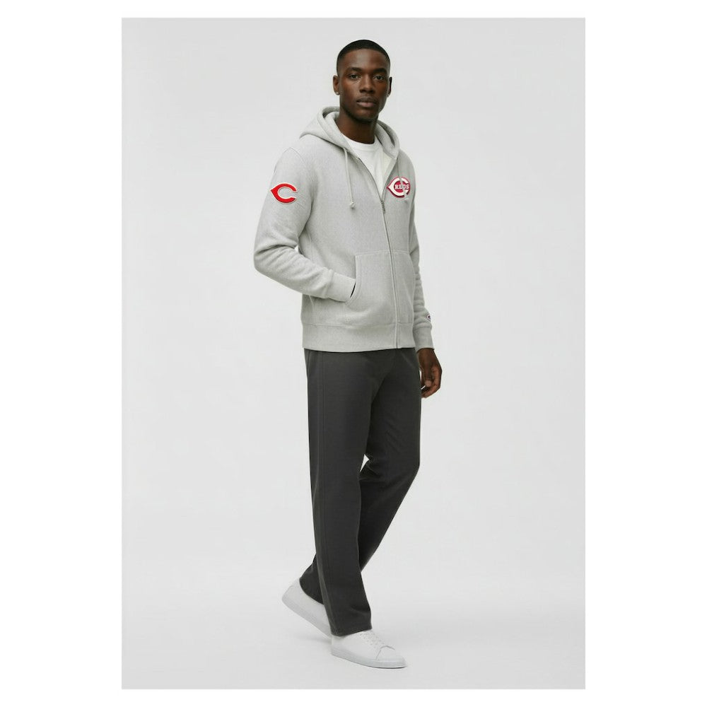 Cincinnati Reds Champion Reverse Weave Chenille Full-Zip Hoodie - Gray Hoodies
