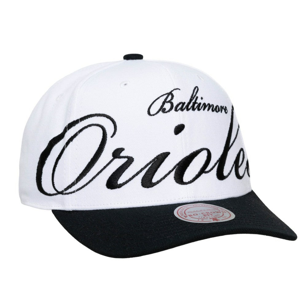 Baltimore Orioles Mitchell & Ness Unisex XL Script Pro Crown Snapback Hat - White/Black Hats
