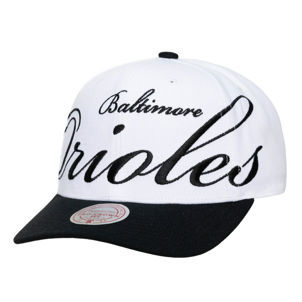 Baltimore Orioles Mitchell & Ness Unisex XL Script Pro Crown Snapback Hat - White/Black Hats