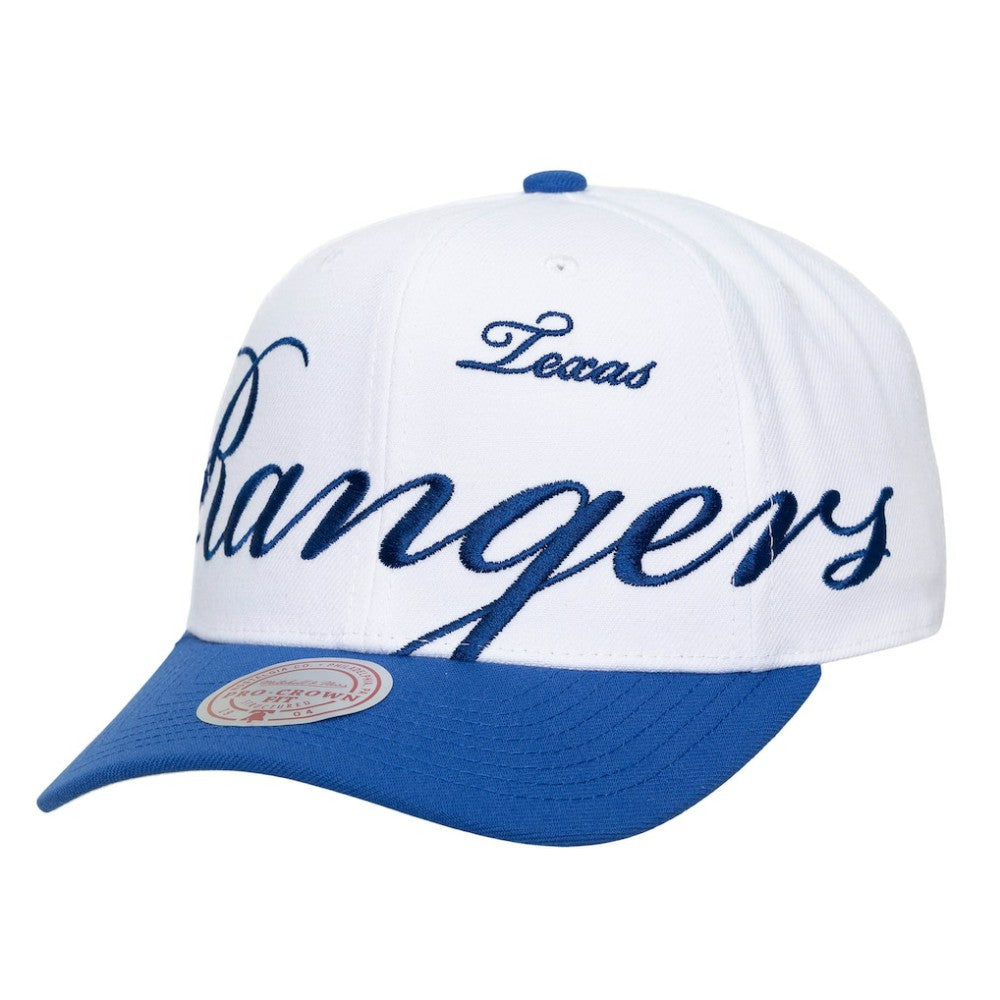 Texas Rangers Mitchell & Ness Unisex XL Script Pro Crown Adjustable Hat - White/Royal Hats