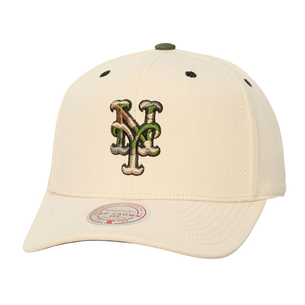 New York Mets Mitchell & Ness Unisex Camo Logo Pro Crown Snapback Hat - Cream Hats