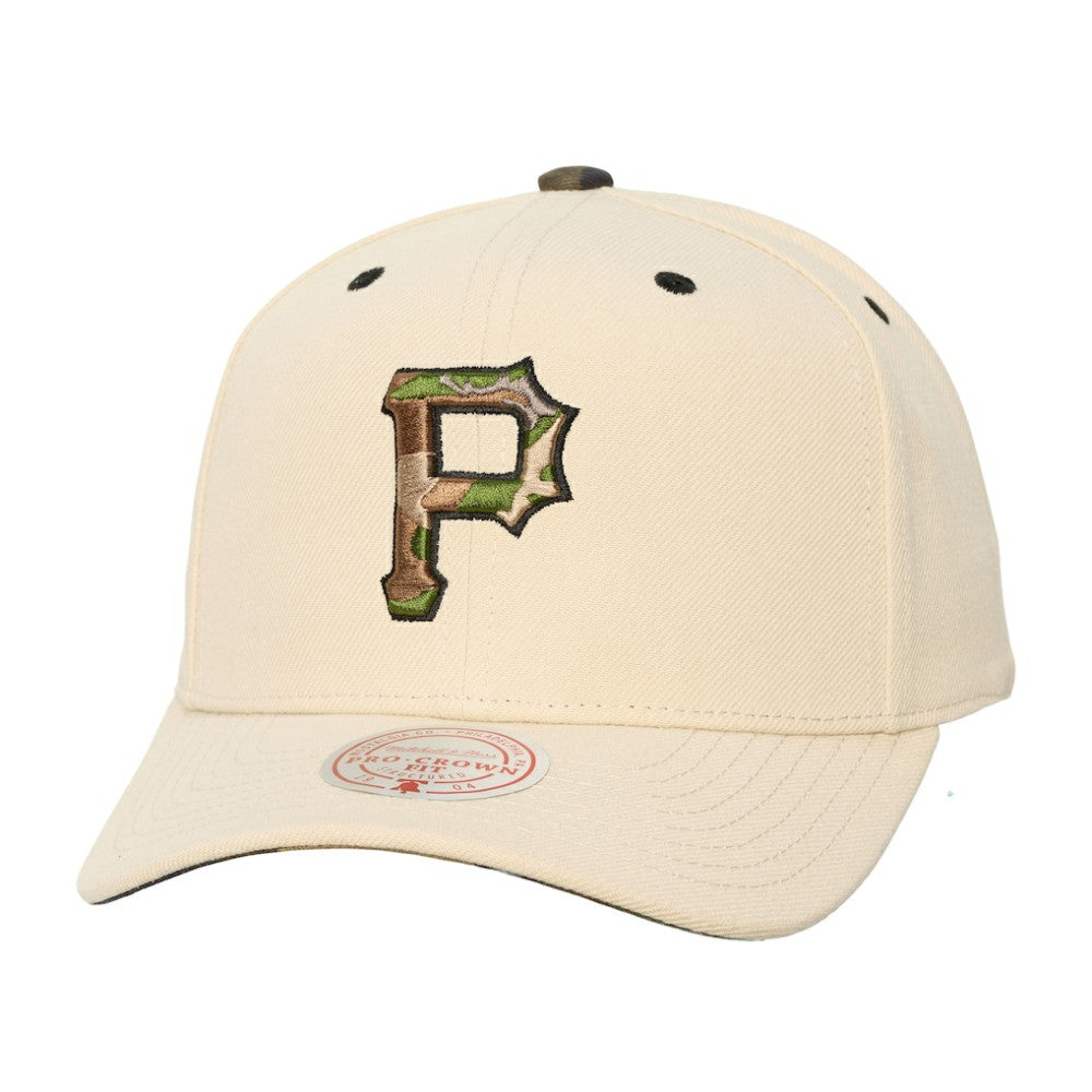 Pittsburgh Pirates Mitchell & Ness Unisex Camo Logo Pro Crown Snapback Hat - Cream Hats