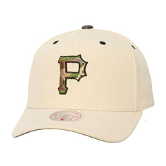 Pittsburgh Pirates Mitchell & Ness Unisex Camo Logo Pro Crown Snapback Hat - Cream Hats