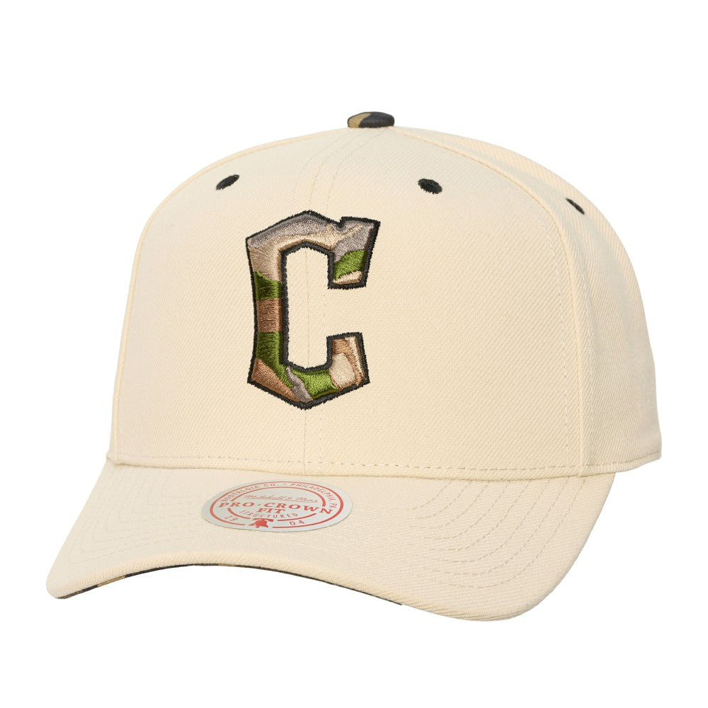 Cleveland Guardians Mitchell & Ness Unisex Camo Logo Pro Crown Snapback Hat - Cream Hats