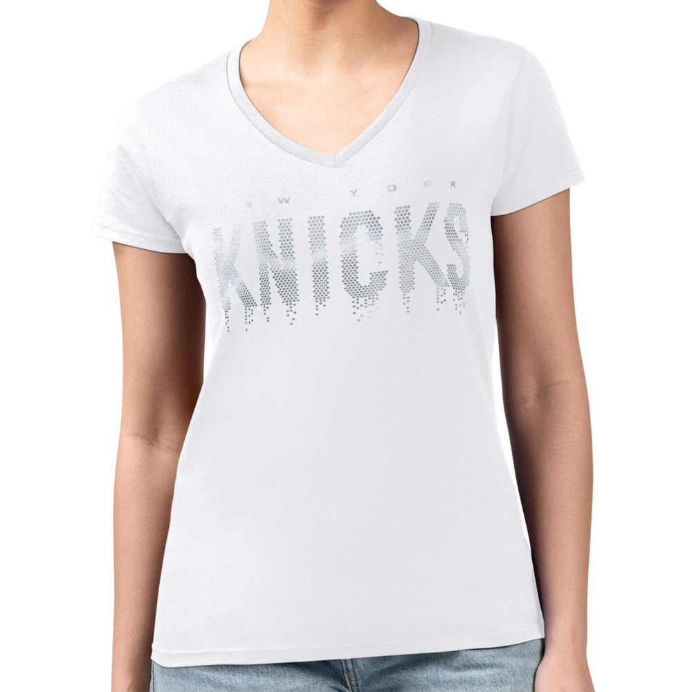 New York Knicks G-III 4Her by Carl Banks Women's Super-Slim-Fit Metallic Drop Lightweight V-Neck T-Shirt White