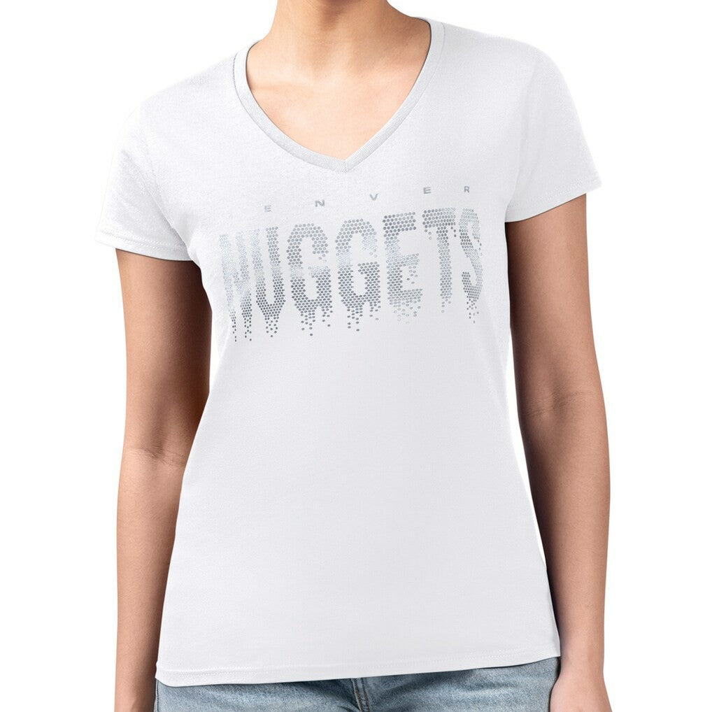 Denver Nuggets G-III 4Her by Carl Banks Women's Super-Slim-Fit Metallic Drop Lightweight V-Neck T-Shirt White