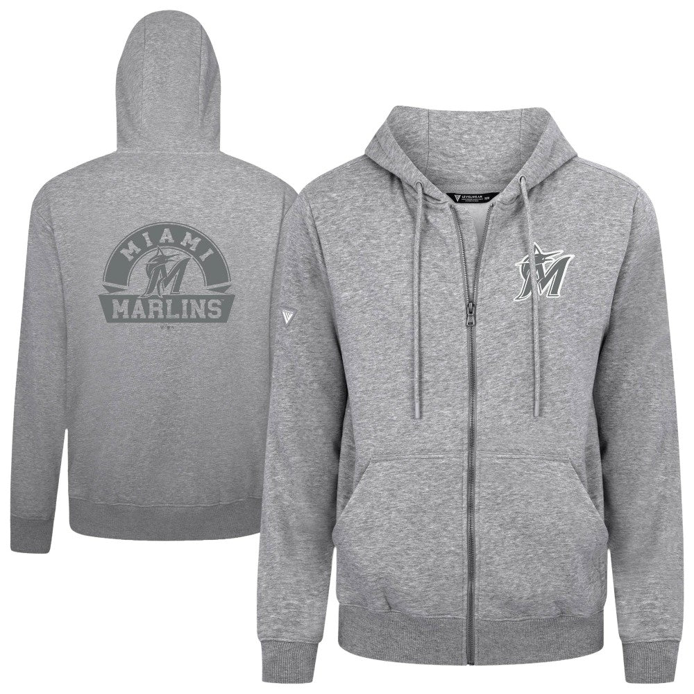 Miami Marlins Levelwear Podium Chenille Logo Full-Zip Hoodie - Heather Gray Hoodies