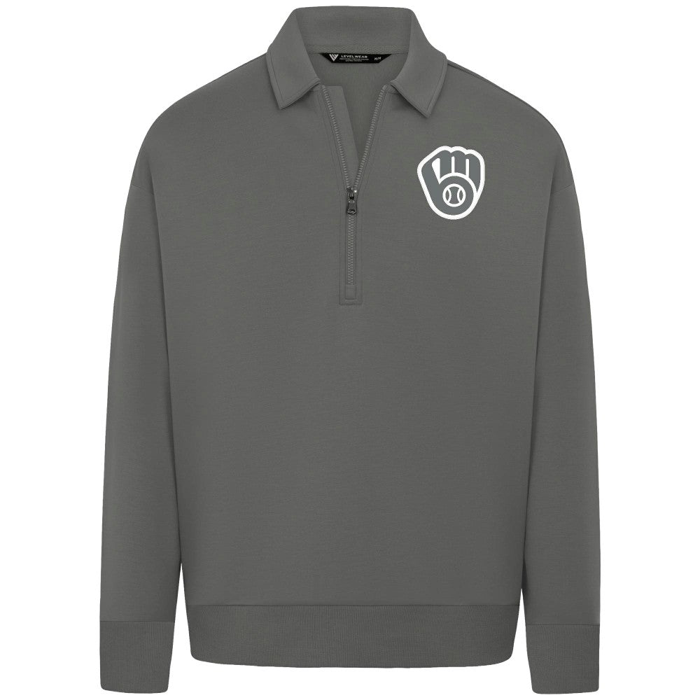 Milwaukee Brewers Levelwear Luxe Signature Quarter-Zip Chenille Logo Tri-Blend Sweatshirt - Gray Sweatshirts