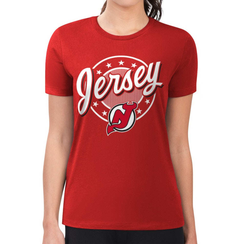 New Jersey Devils G-III 4Her by Carl Banks Women's Super-Slim Lightweight Pinstripe Circle Graphic T-Shirt - Red | US 203505361