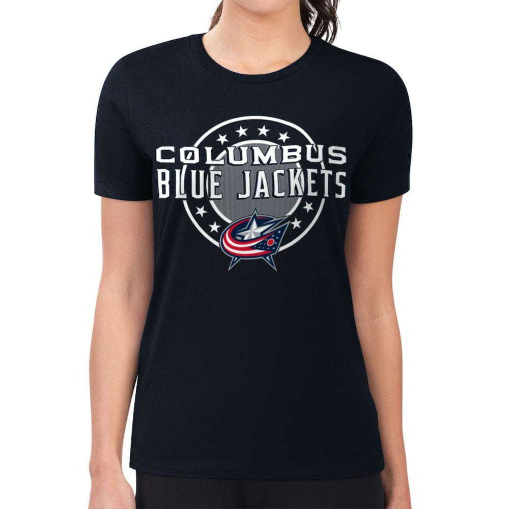 Columbus Blue Jackets G-III 4Her by Carl Banks Women's Super-Slim Lightweight Pinstripe Circle Graphic T-Shirt - Navy | US 203505371
