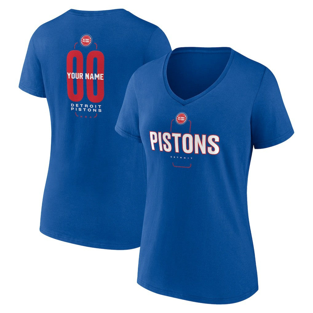 Detroit Pistons Women's Center Court Name & Number Custom V-Neck T-Shirt Blue