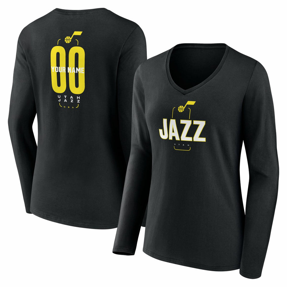 Utah Jazz Women's Center Court Name & Number Custom Long Sleeve V-Neck T-Shirt Black