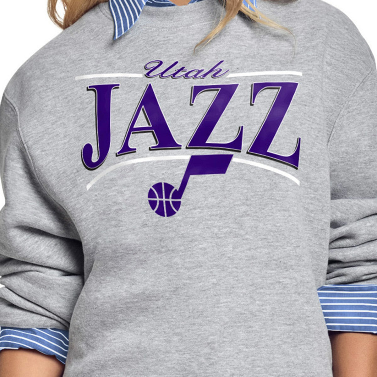 Utah Jazz Starter Women's Arch Stripe Fleece Crewneck Sweatshirt Gray