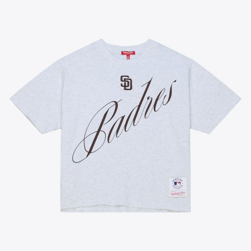 San Diego Padres Mitchell & Ness Women's Script Cropped Boxy T-Shirt - Heather Gray T-shirts