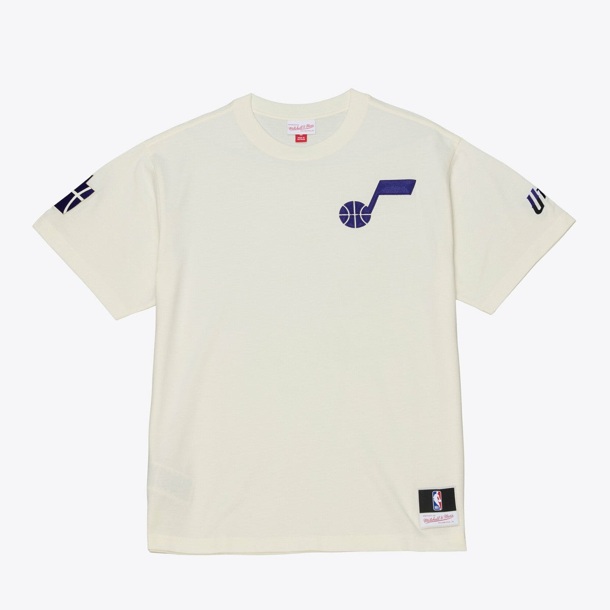 Utah Jazz Hardwood Classics Chainstitch Premium T-Shirt Cream - Mitchell & Ness