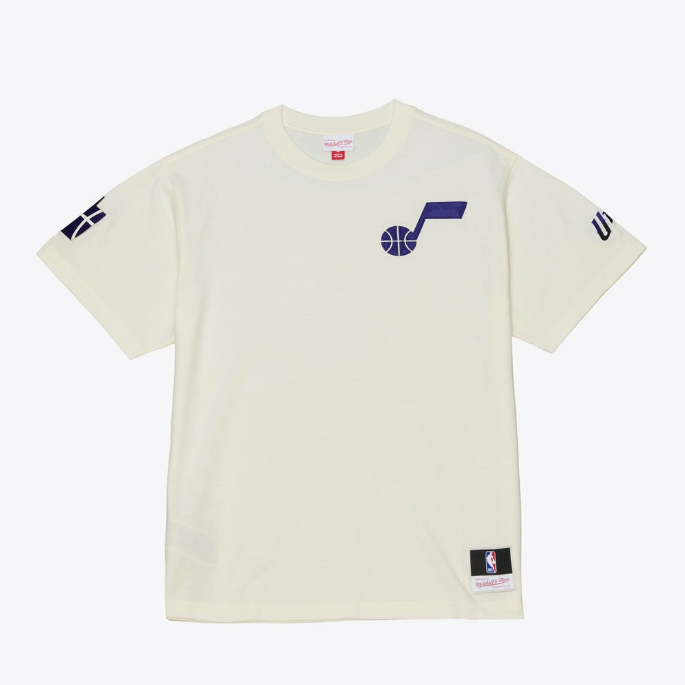 Utah Jazz Hardwood Classics Chainstitch Premium T-Shirt Cream - Mitchell & Ness