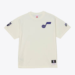 Utah Jazz Hardwood Classics Chainstitch Premium T-Shirt Cream - Mitchell & Ness