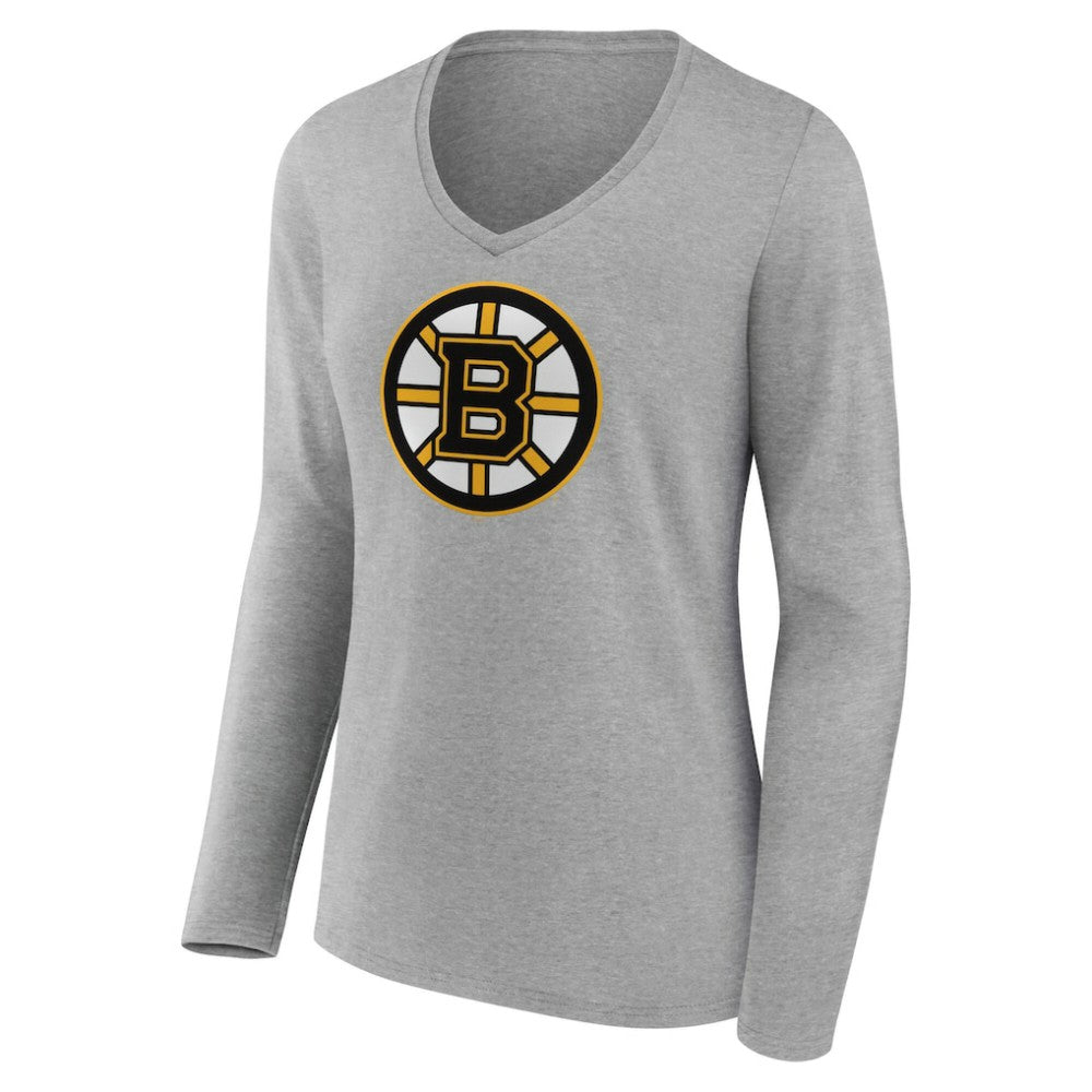 Boston Bruins Women's Primary Logo Long Sleeve V-Neck T-Shirt - Gray | US 203555620