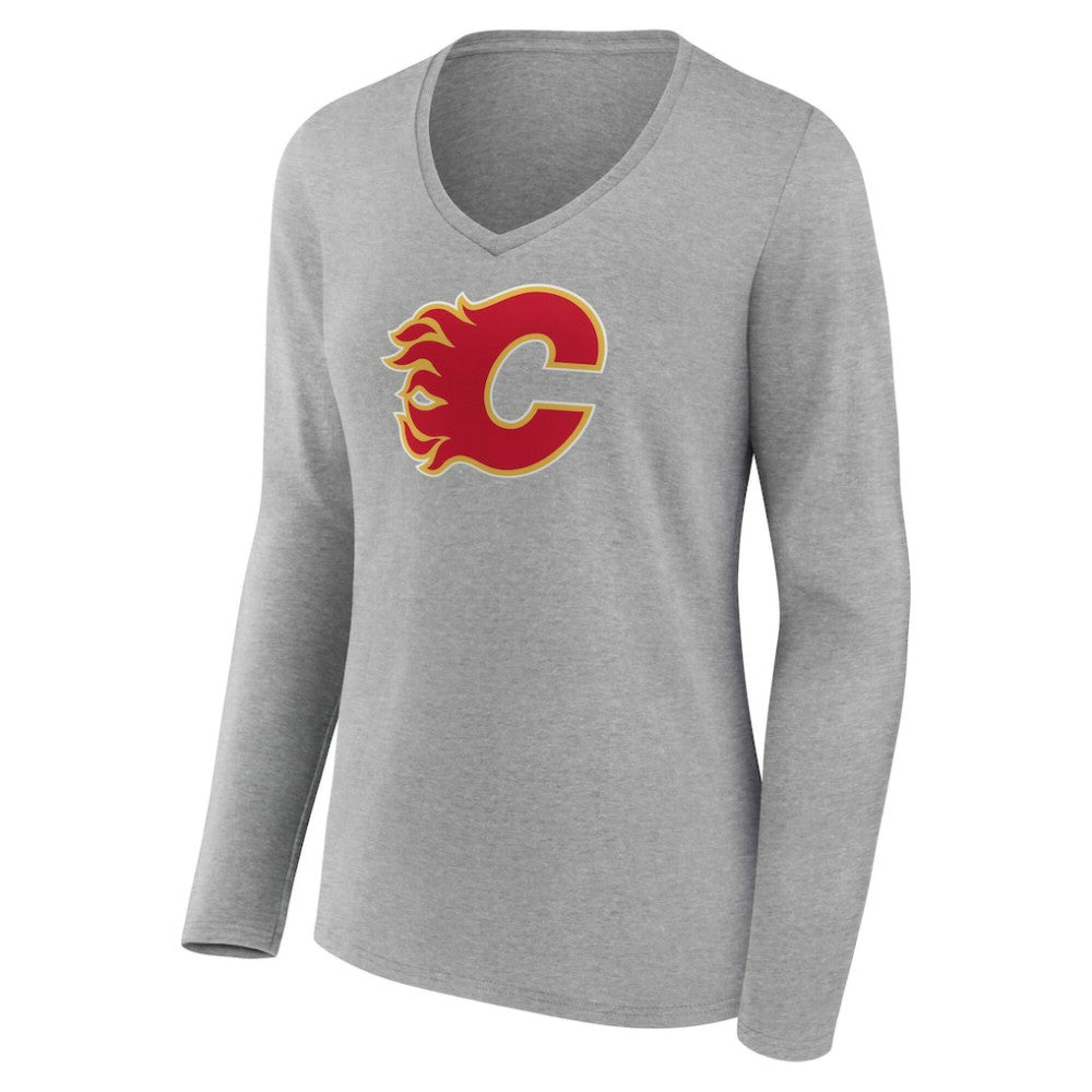 Calgary Flames Women's Primary Logo Long Sleeve V-Neck T-Shirt - Gray | US 203555626