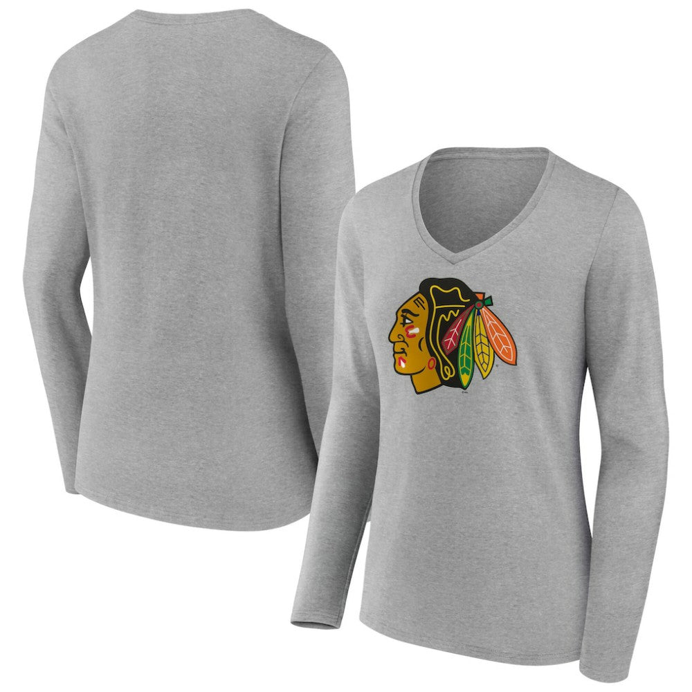 Chicago Blackhawks Women's Primary Logo Long Sleeve V-Neck T-Shirt - Gray | US 203555628