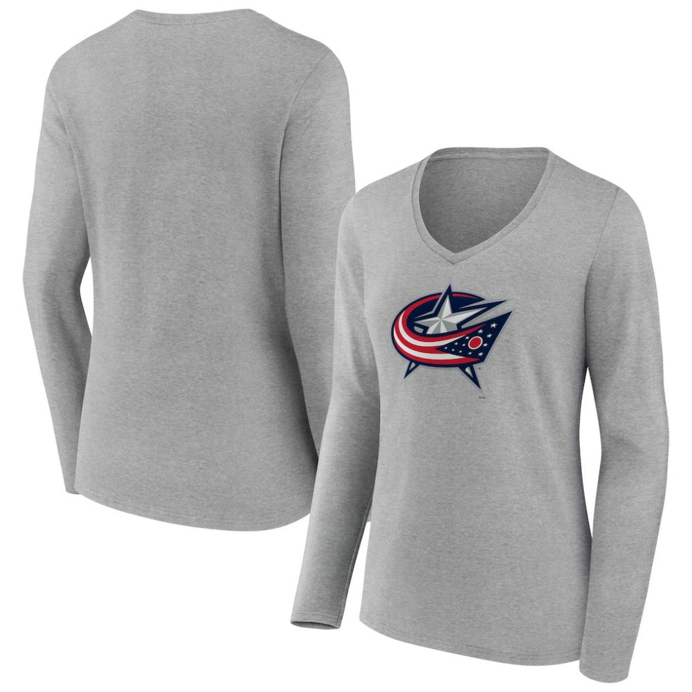 Columbus Blue Jackets Women's Primary Logo Long Sleeve V-Neck T-Shirt - Gray | US 203555630