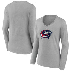 Columbus Blue Jackets Women's Primary Logo Long Sleeve V-Neck T-Shirt - Gray | US 203555630