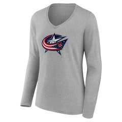 Columbus Blue Jackets Women's Primary Logo Long Sleeve V-Neck T-Shirt - Gray | US 203555630