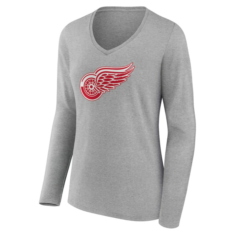 Detroit Red Wings Women's Primary Logo Long Sleeve V-Neck T-Shirt - Gray | US 203555634