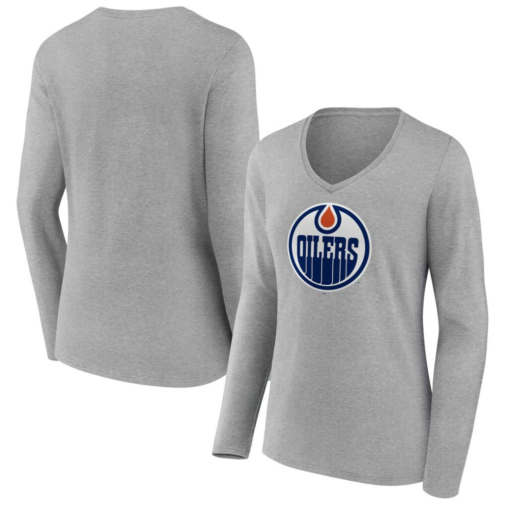 Edmonton Oilers Women's Primary Logo Long Sleeve V-Neck T-Shirt - Gray | US 203555635