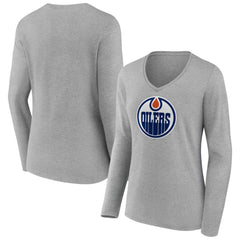 Edmonton Oilers Women's Primary Logo Long Sleeve V-Neck T-Shirt - Gray | US 203555635