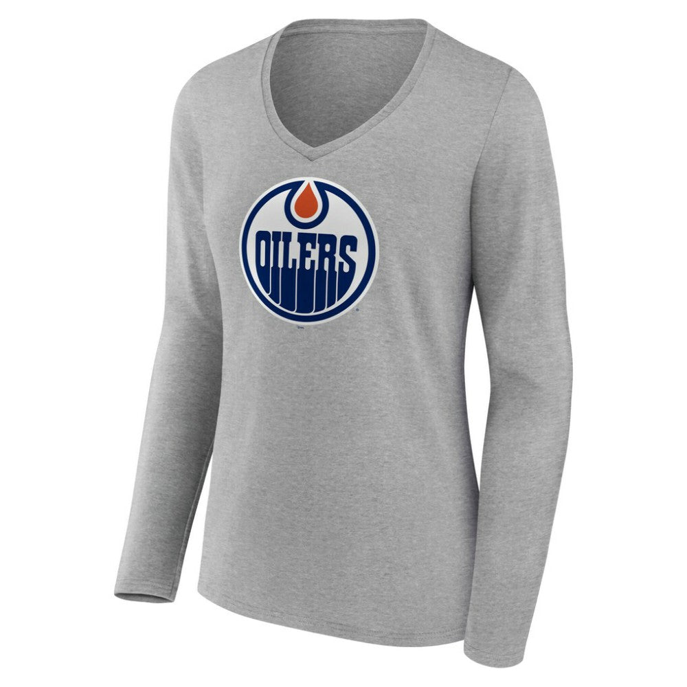 Edmonton Oilers Women's Primary Logo Long Sleeve V-Neck T-Shirt - Gray | US 203555635