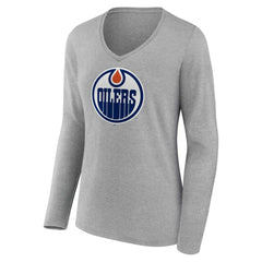 Edmonton Oilers Women's Primary Logo Long Sleeve V-Neck T-Shirt - Gray | US 203555635