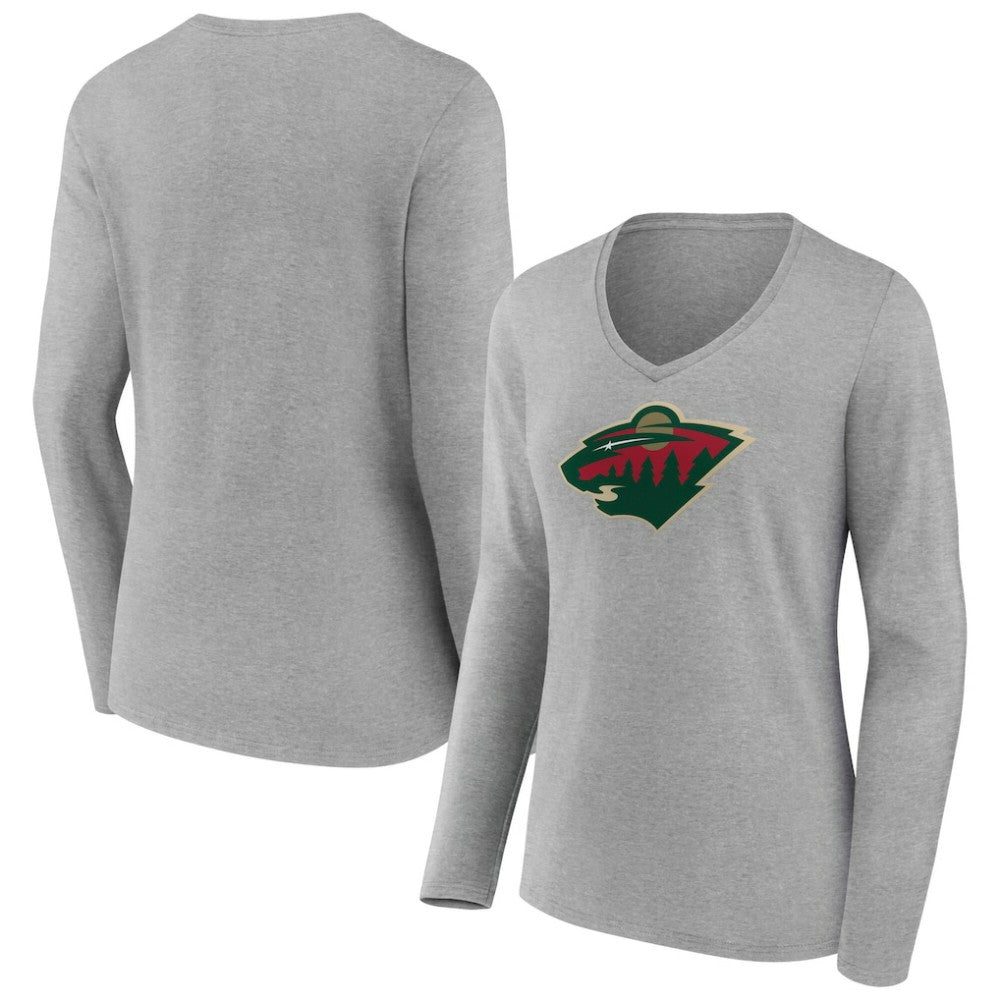 Minnesota Wild Women's Primary Logo Long Sleeve V-Neck T-Shirt - Gray | US 203555646